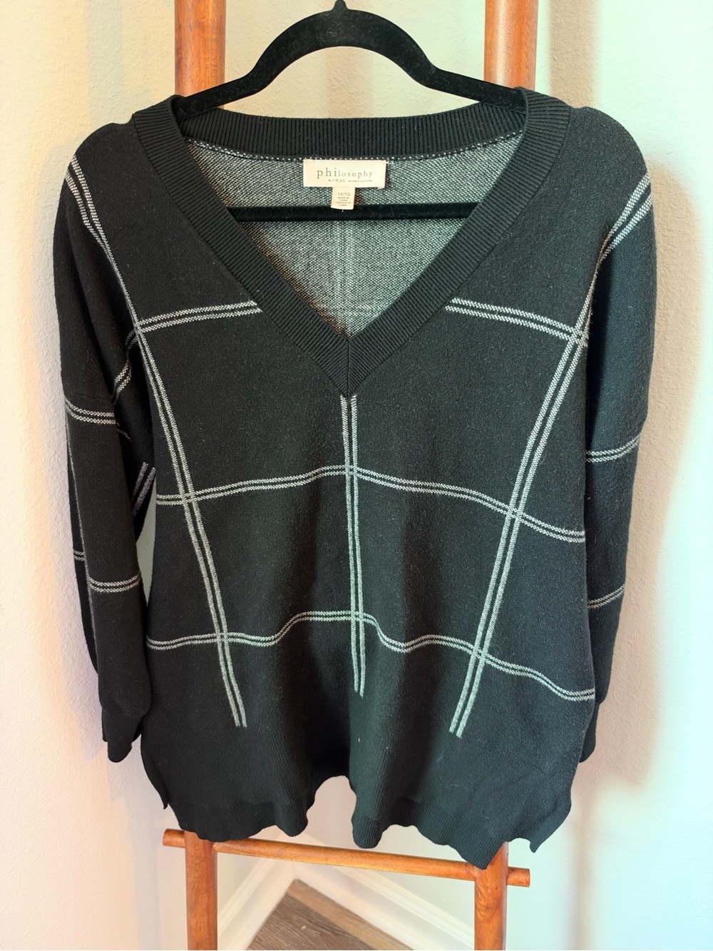 Philosophy Black V-Neck Windowpane Sweater with Gray Trim